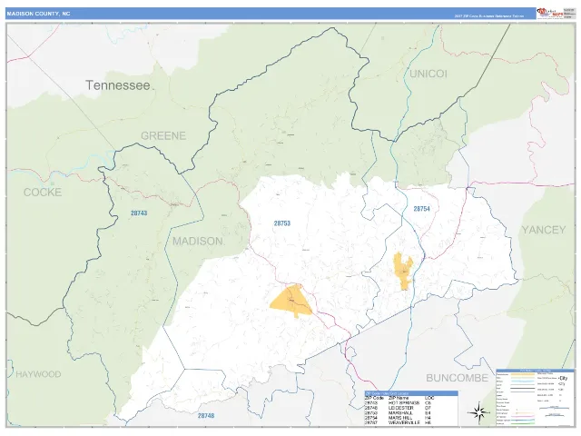 Madison County, NC ZIP Code Wall Map, Business Reference style