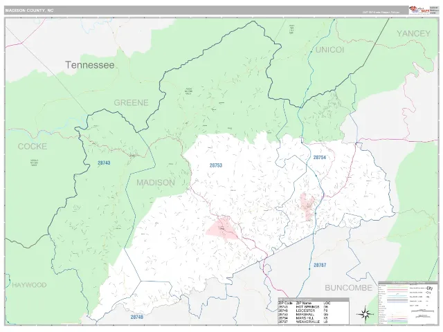 Madison County, NC ZIP Code Wall Map, Classic style