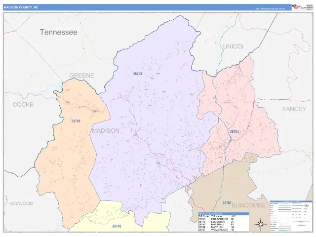 Madison County, NC ZIP Code Wall Map, ColorCast style