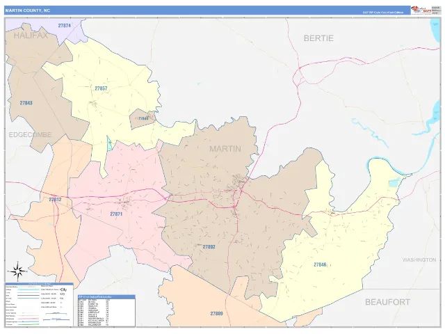 Martin County, NC ZIP Code Wall Map, ColorCast style