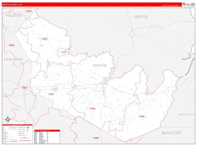 Martin County, NC ZIP Code Wall Map, RedLine style