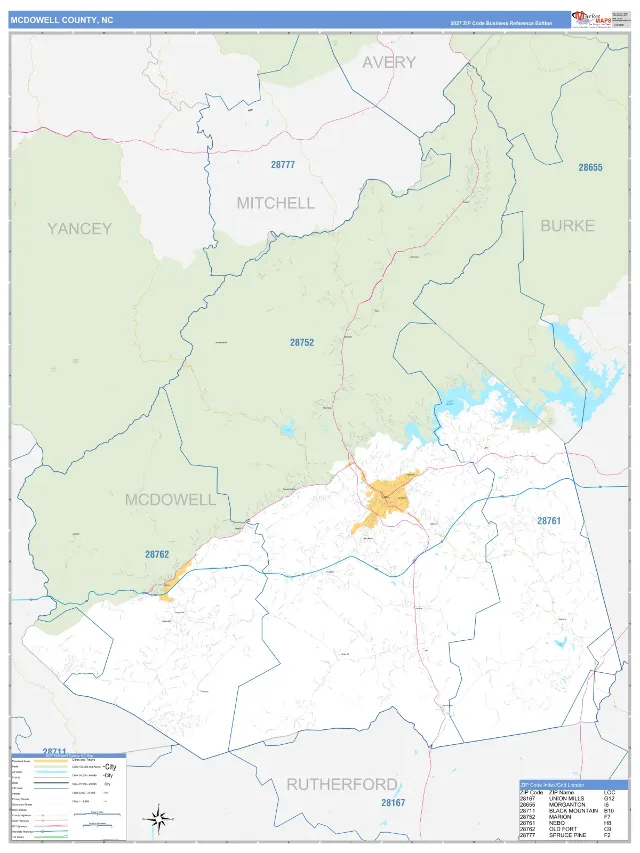 McDowell County, NC ZIP Code Wall Map, Business Reference style