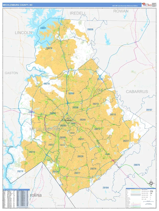 Mecklenburg County, NC ZIP Code Wall Map, Business Reference style