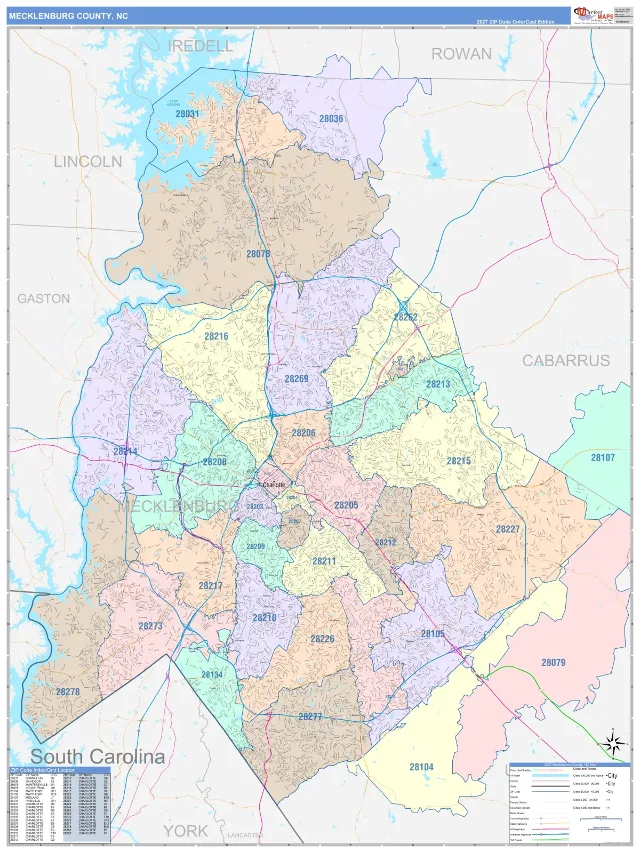 Mecklenburg County, NC ZIP Code Wall Map, ColorCast style