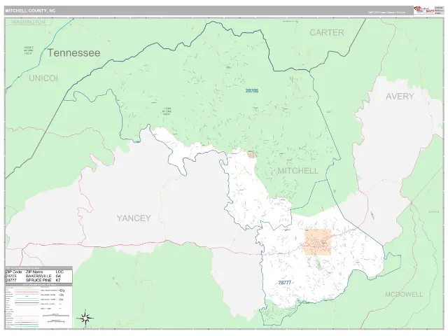 Mitchell County, NC ZIP Code Wall Map, Classic style