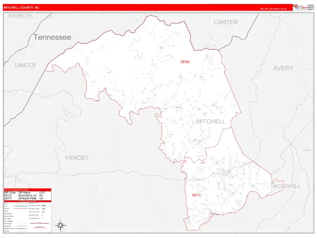 Mitchell County, NC ZIP Code Wall Map, RedLine style