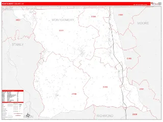 Montgomery County, NC RedLine style ZIP Code wall map