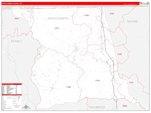 Montgomery County, NC ZIP Code Wall Map, RedLine style