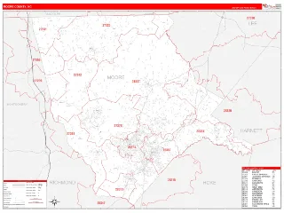Moore County, NC RedLine style ZIP Code wall map