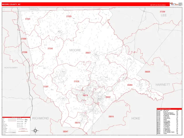 Moore County, NC ZIP Code Wall Map, RedLine style