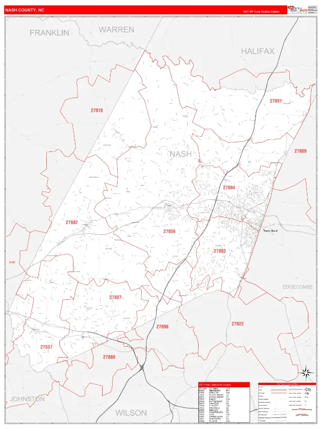 Nash County, NC ZIP Code Wall Map, RedLine style