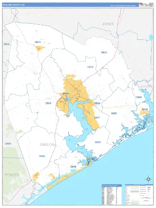 Onslow County, NC Business Reference style ZIP Code wall map