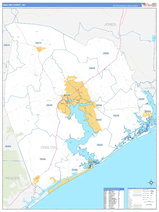 Onslow County, NC ZIP Code Wall Map, Business Reference style