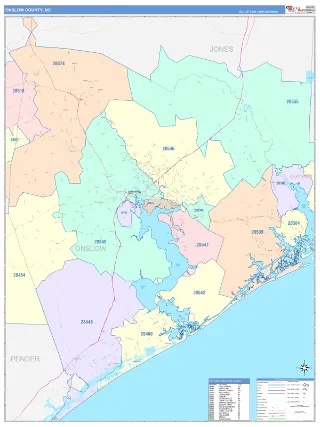 Onslow County, NC ColorCast style ZIP Code wall map