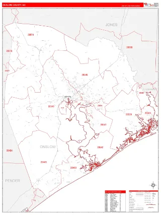 Onslow County, NC RedLine style ZIP Code wall map