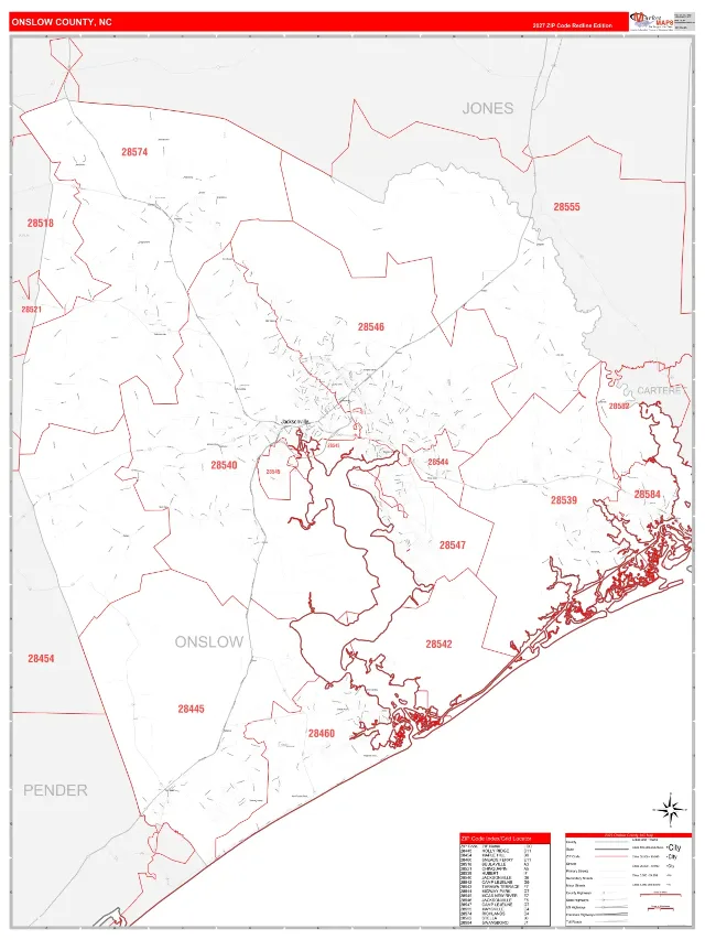 Onslow County, NC ZIP Code Wall Map, RedLine style