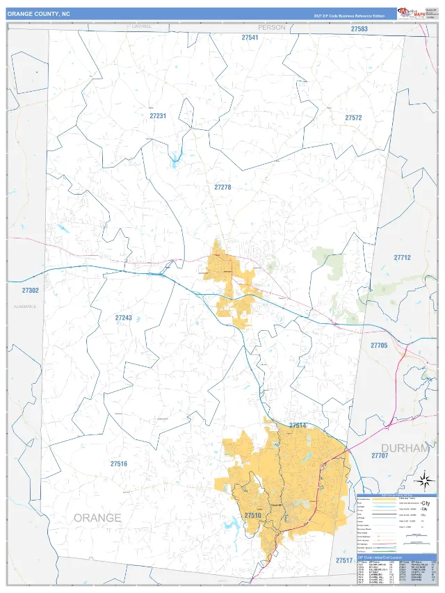 Orange County, NC ZIP Code Wall Map, Business Reference style