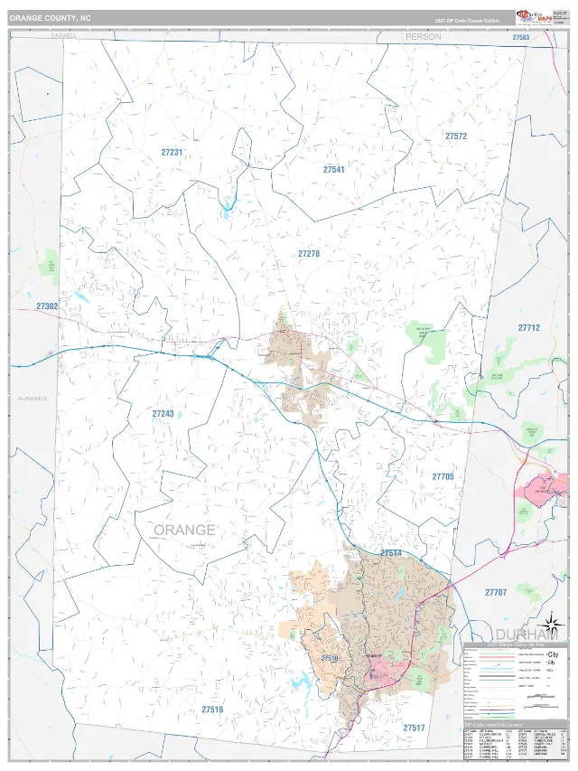 Orange County, NC ZIP Code Wall Map, Classic style