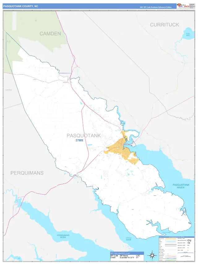 Pasquotank County, NC ZIP Code Wall Map, Business Reference style