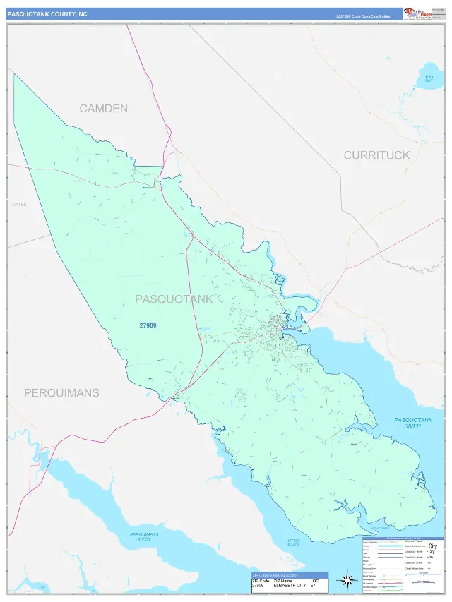 Pasquotank County, NC ZIP Code Wall Map, ColorCast style