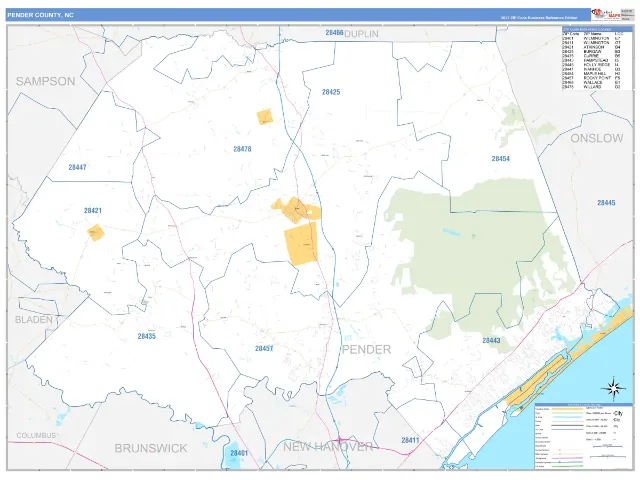 Pender County, NC ZIP Code Wall Map, Business Reference style