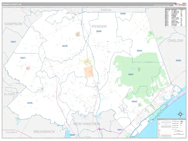 Pender County, NC ZIP Code Wall Map, Classic style
