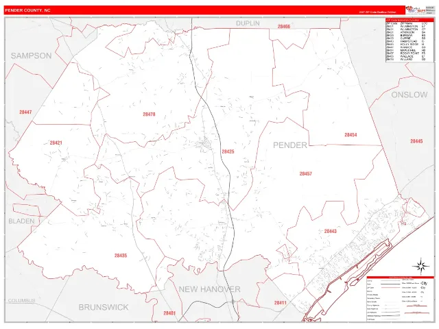 Pender County, NC ZIP Code Wall Map, RedLine style