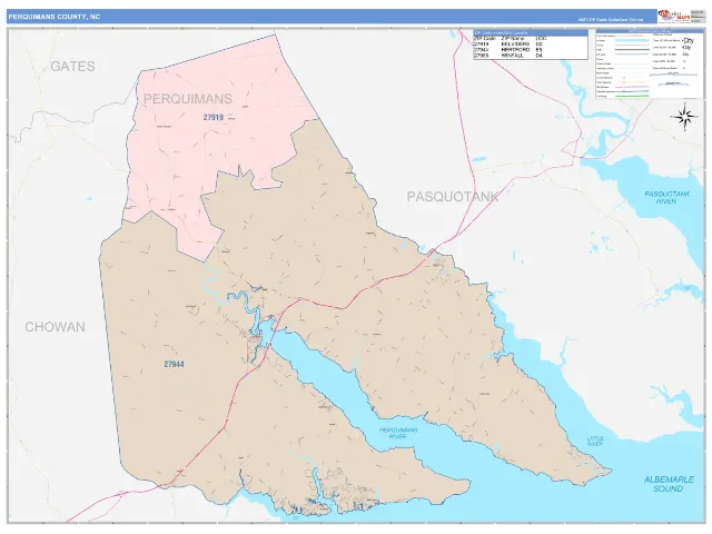 Perquimans County, NC ZIP Code Wall Map, ColorCast style