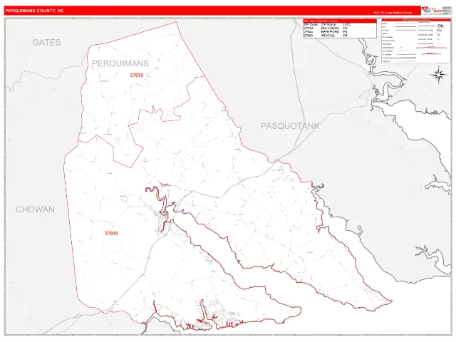 Perquimans County, NC ZIP Code Wall Map, RedLine style