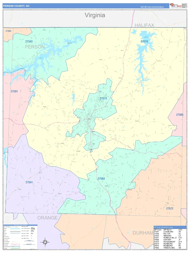 Person County, NC ZIP Code Wall Map, ColorCast style