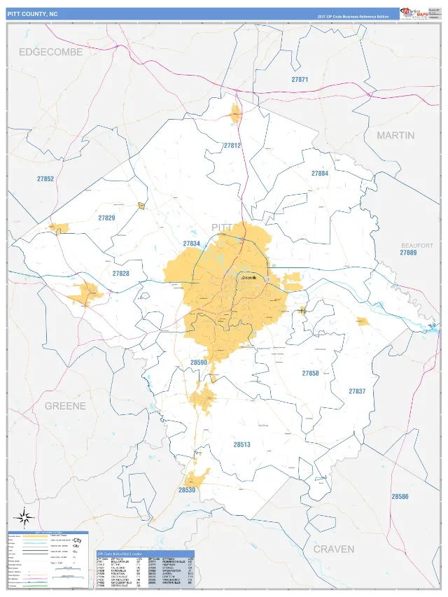 Pitt County, NC ZIP Code Wall Map, Business Reference style