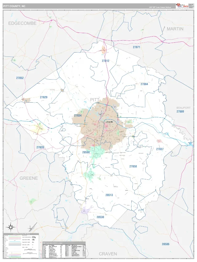 Pitt County, NC ZIP Code Wall Map, Classic style