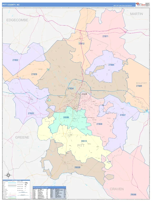 Pitt County, NC ZIP Code Wall Map, ColorCast style