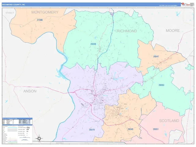 Richmond County, NC ZIP Code Wall Map, ColorCast style