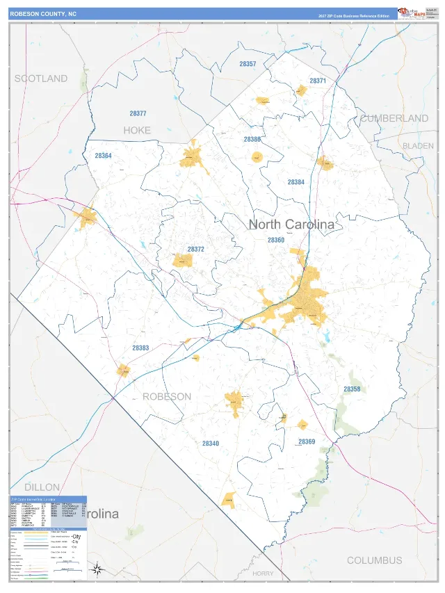 Robeson County, NC ZIP Code Wall Map, Business Reference style