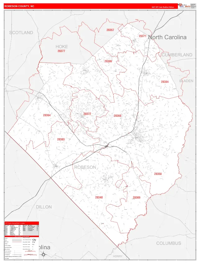 Robeson County, NC ZIP Code Wall Map, RedLine style