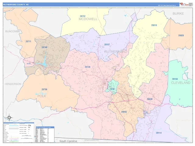 Rutherford County, NC ZIP Code Wall Map, ColorCast style