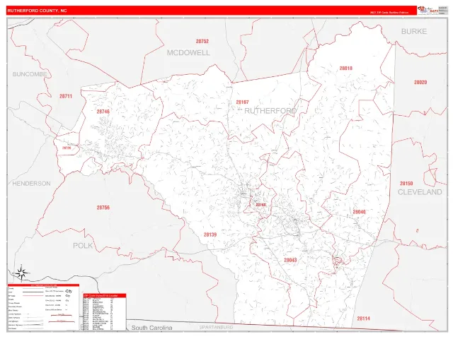 Rutherford County, NC ZIP Code Wall Map, RedLine style