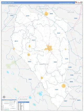 Sampson County, NC Business Reference style ZIP Code wall map