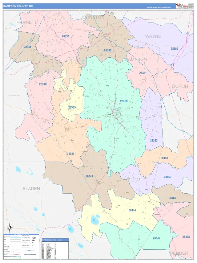 Sampson County, NC ZIP Code Wall Map, ColorCast style