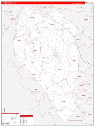 Sampson County, NC RedLine style ZIP Code wall map