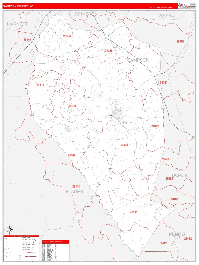 Sampson County, NC ZIP Code Wall Map, RedLine style