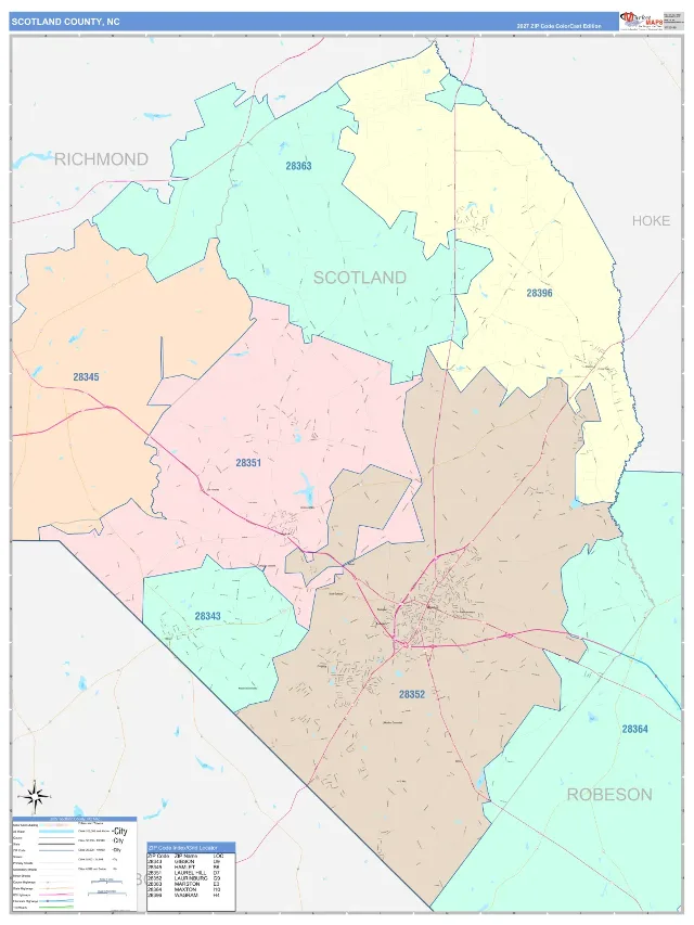Scotland County, NC ZIP Code Wall Map, ColorCast style