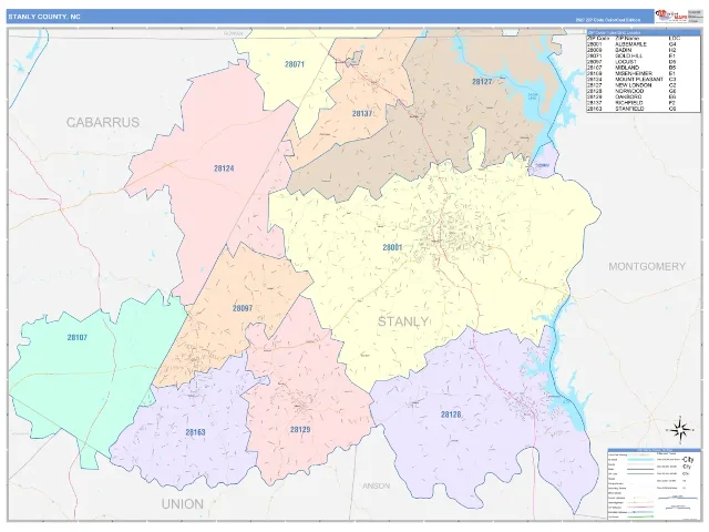 Stanly County, NC ZIP Code Wall Map, ColorCast style