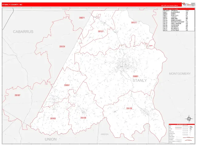 Stanly County, NC ZIP Code Wall Map, RedLine style