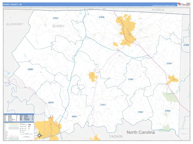 Surry County, NC ZIP Code Wall Map, Business Reference style