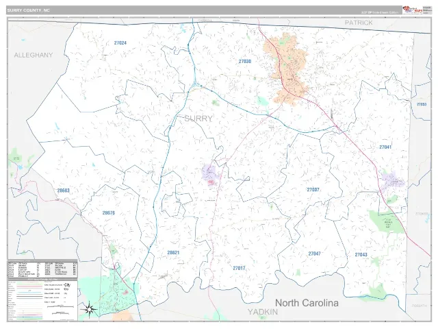 Surry County, NC ZIP Code Wall Map, Classic style