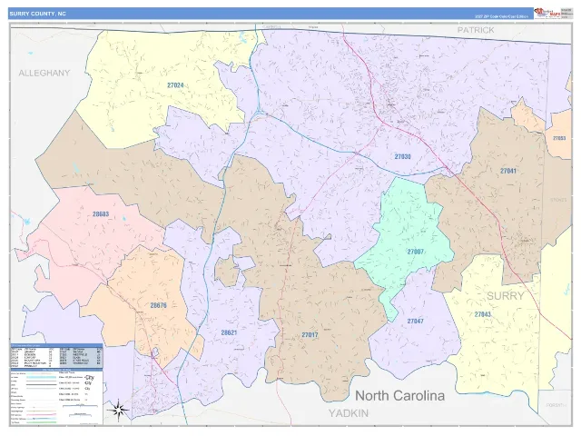 Surry County, NC ZIP Code Wall Map, ColorCast style