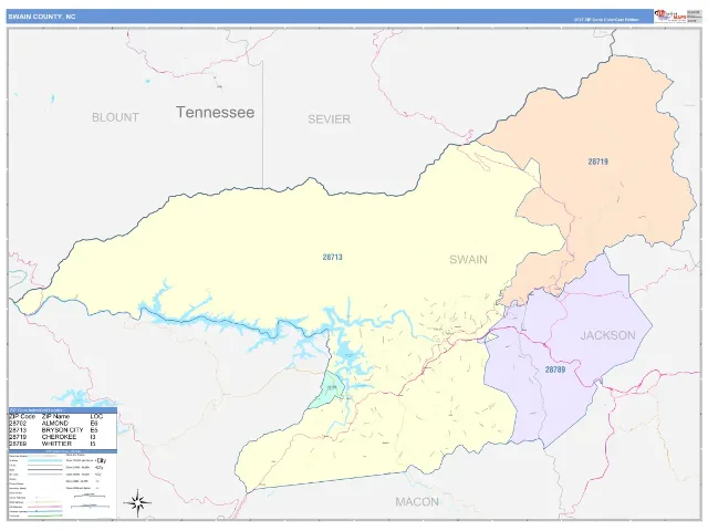 Swain County, NC ZIP Code Wall Map, ColorCast style