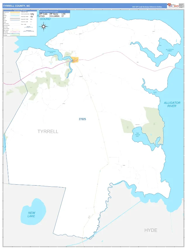 Tyrrell County, NC ZIP Code Wall Map, Business Reference style